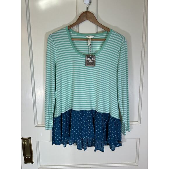 Matilda Jane Striped Tunic Blouse Womens Size Medium Green Blue Boho Ruffle NWT - Picture 2 of 9